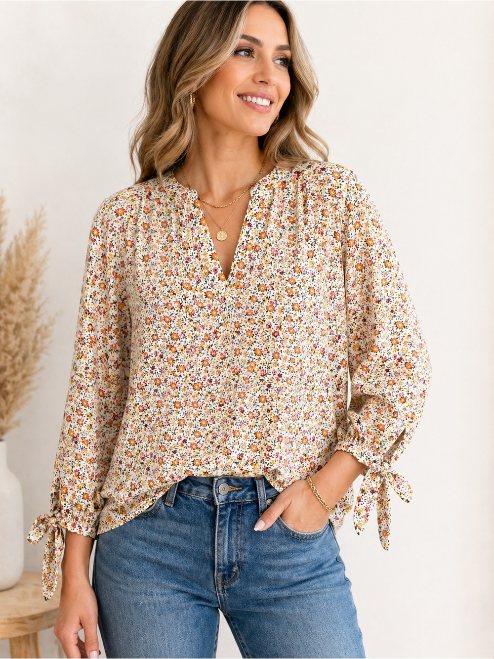 Cynthia Rowley Floral Blouse Size L Boho Peasant Tie Sleeve Lightweight Top